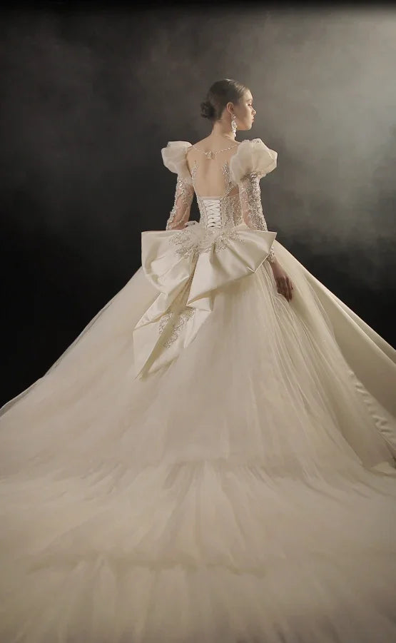 Regal Ball Gown Illusion Neckline Tulle Puff Sleeve Beaded Lace Wedding Dress with Oversized Bow Train E-304 (ZD16888)