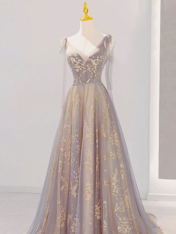 A-Line V-Neck Gray Long Prom Dress, Tulle Sequin Lace Long Forma Dresses - FashionDia