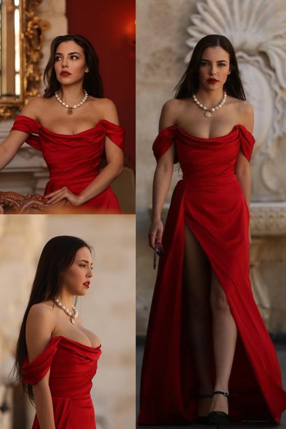 Elegant Off Shoulder Side Slit Mermaid Satin Red Long Prom Dresses fg6480 - VelvetHem