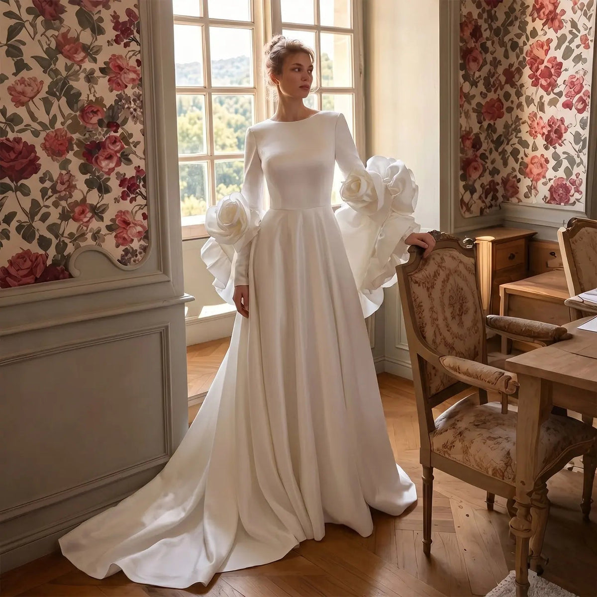 Ivory Romantic A-Line Satin Wedding Dress 3D Rose Floral With Veil ZP033