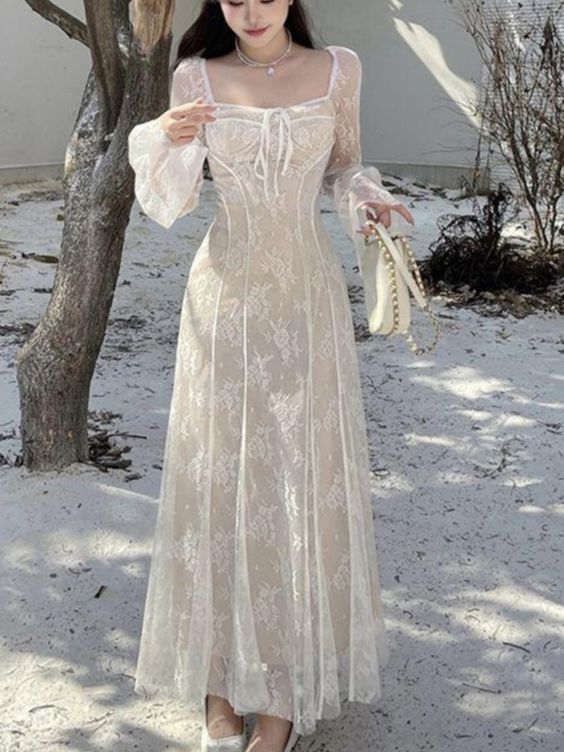 Women's A-Line Lace Long Simple Dress, Sexy Elegant Vintage Evening Dress - View 3 | FashionDia