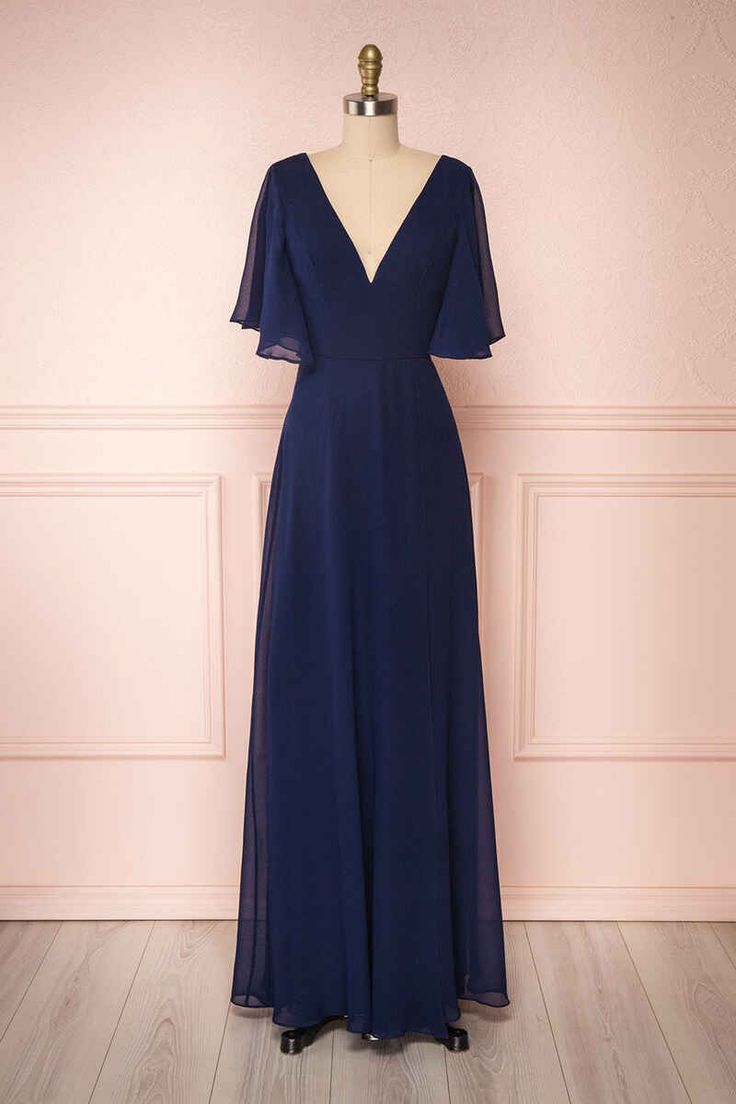 Navy Blue Chiffon V-Neck Ruffled Sleeve Long Bridesmaid Dress - FashionDia