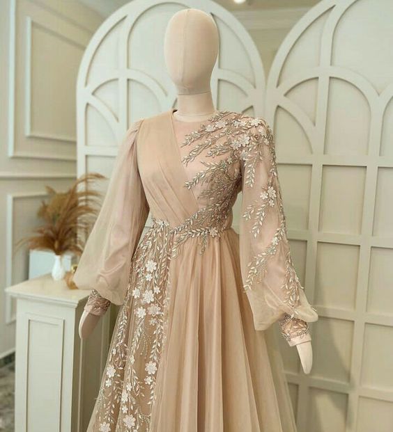 Elegant evening dress tulle muslim dress, wedding guest dress, champagne special occasion dress - View 2 | FashionDia