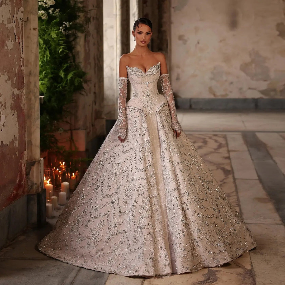 Luxury Off Shoulder Beaded Ball Gown Wedding Dress ZP181