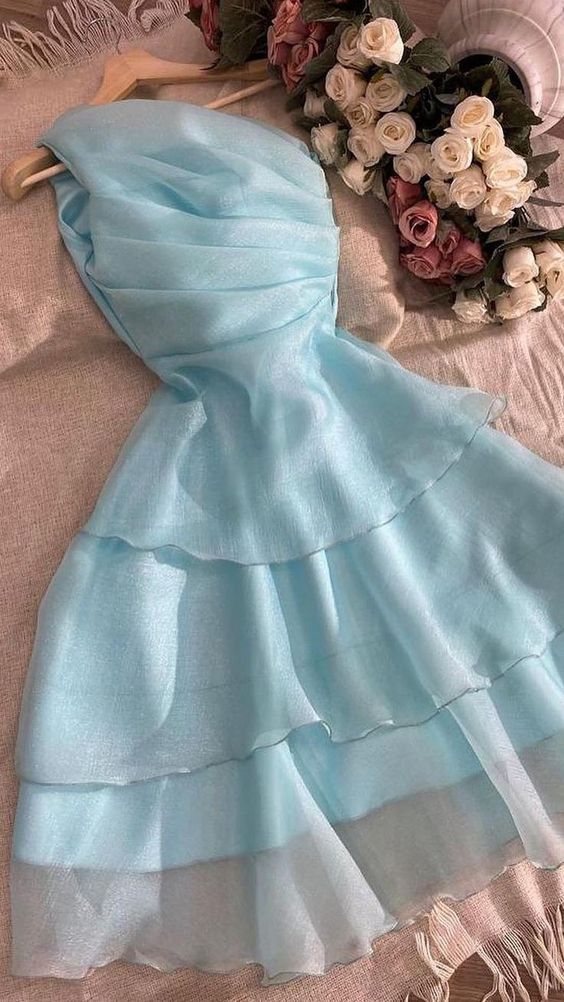 Elegant One-Shoulder Party Layered Evening Dress Homecoming Dress,Blue Beach Dress - FashionDia