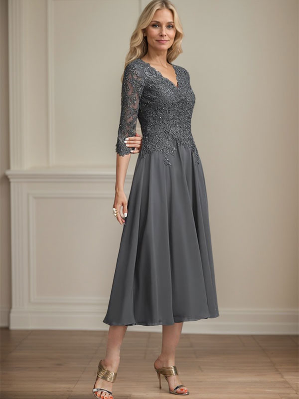 A-line V-Neck Tea-Length Chiffon Lace Mother of the Bride Dress With Beading Sequins - View 2 | FashionDia