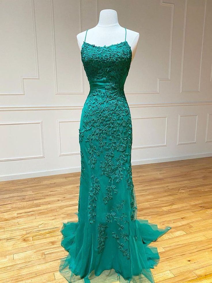 Mermaid Backless Green Lace Long Prom, Mermaid Green Formal, Green Lace Evening Dress