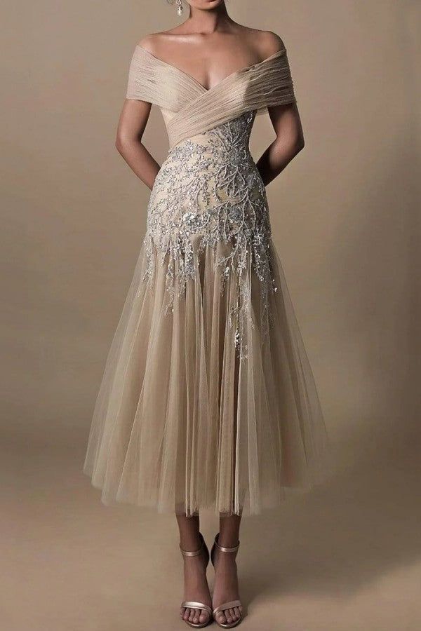 Elegant Lace Appliques Women's Prom Dress Fashion Off-the-Shoulder A-Line Princess Sleeveless Dress - FashionDia