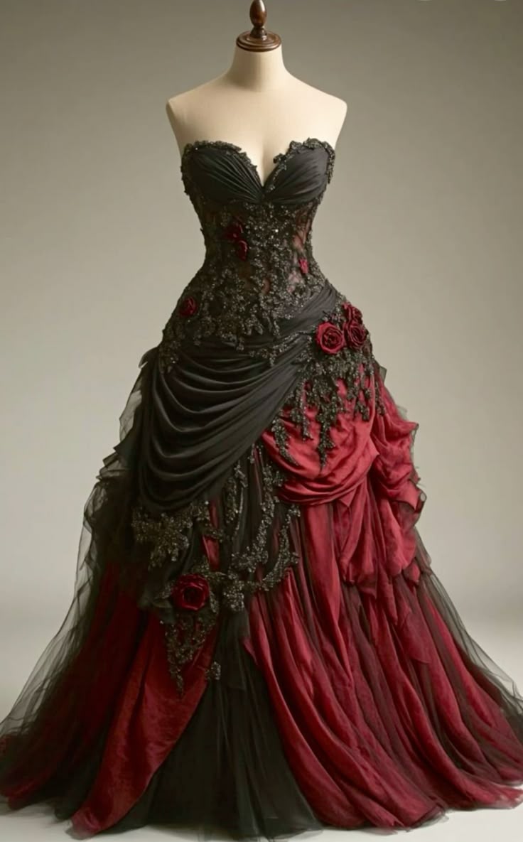 Gothic Victorian Wedding Dress, Pleated Floral Rose 3D Custom Black Burgundy Gown - FashionDia