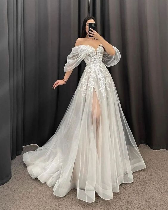Ivory A-Line Wedding Dresses Women V-Neck Short Sleeves Long Bride Dress fg6237