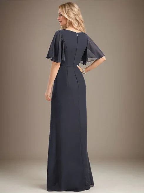 A-line Scoop Floor-Length Chiffon Mother of the Bride Dress With Cascading Ruffles Beading Sequins - View 2 | FashionDia