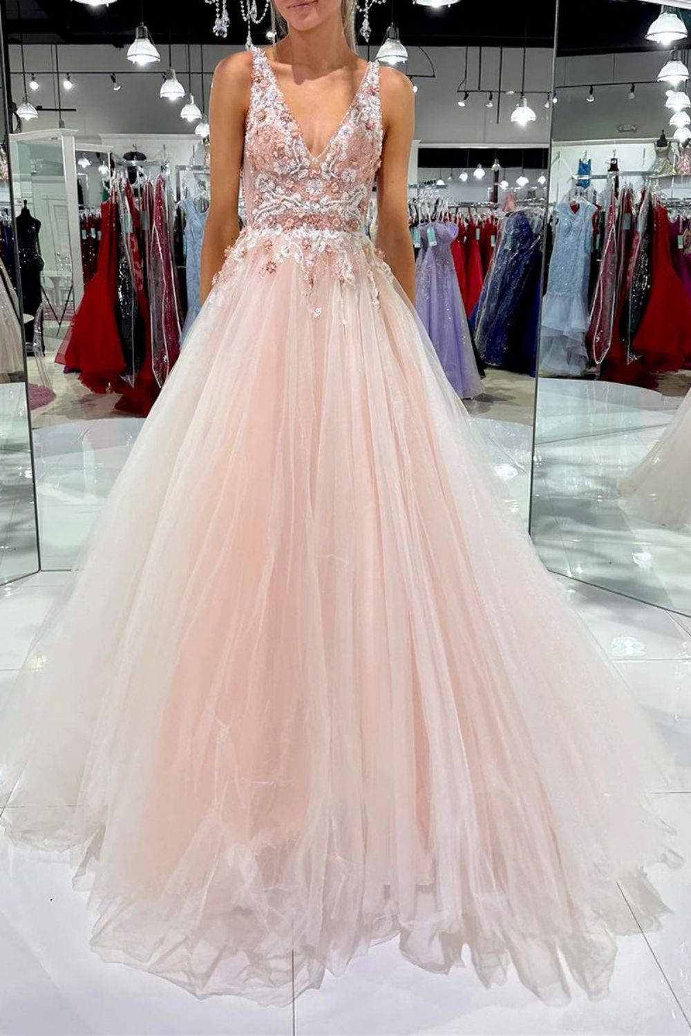 Charming A-Line V-Neck Blush Long Prom Dress with Appliques - FashionDia