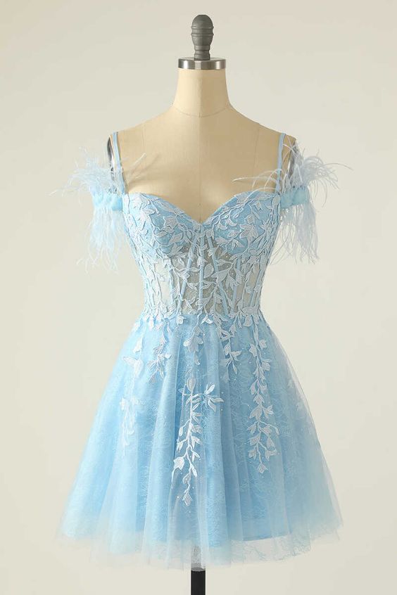 Modest Light Blue Appliques A-Line Short Homecoming Dresses - FashionDia