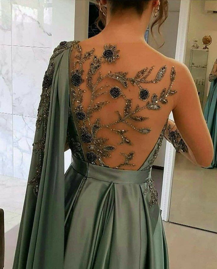 Evening Dresses One-Shoulder Full Length Satin A-Line Long Sleeves Formal Party Dress Prom Gown - FashionDia