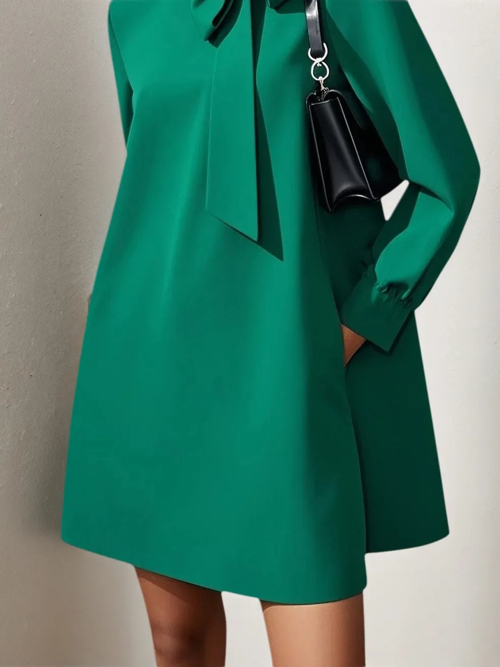 Green Bow Classic Tie Neck Long Sleeve A-Line Mini Dress - View 2 | FashionDia