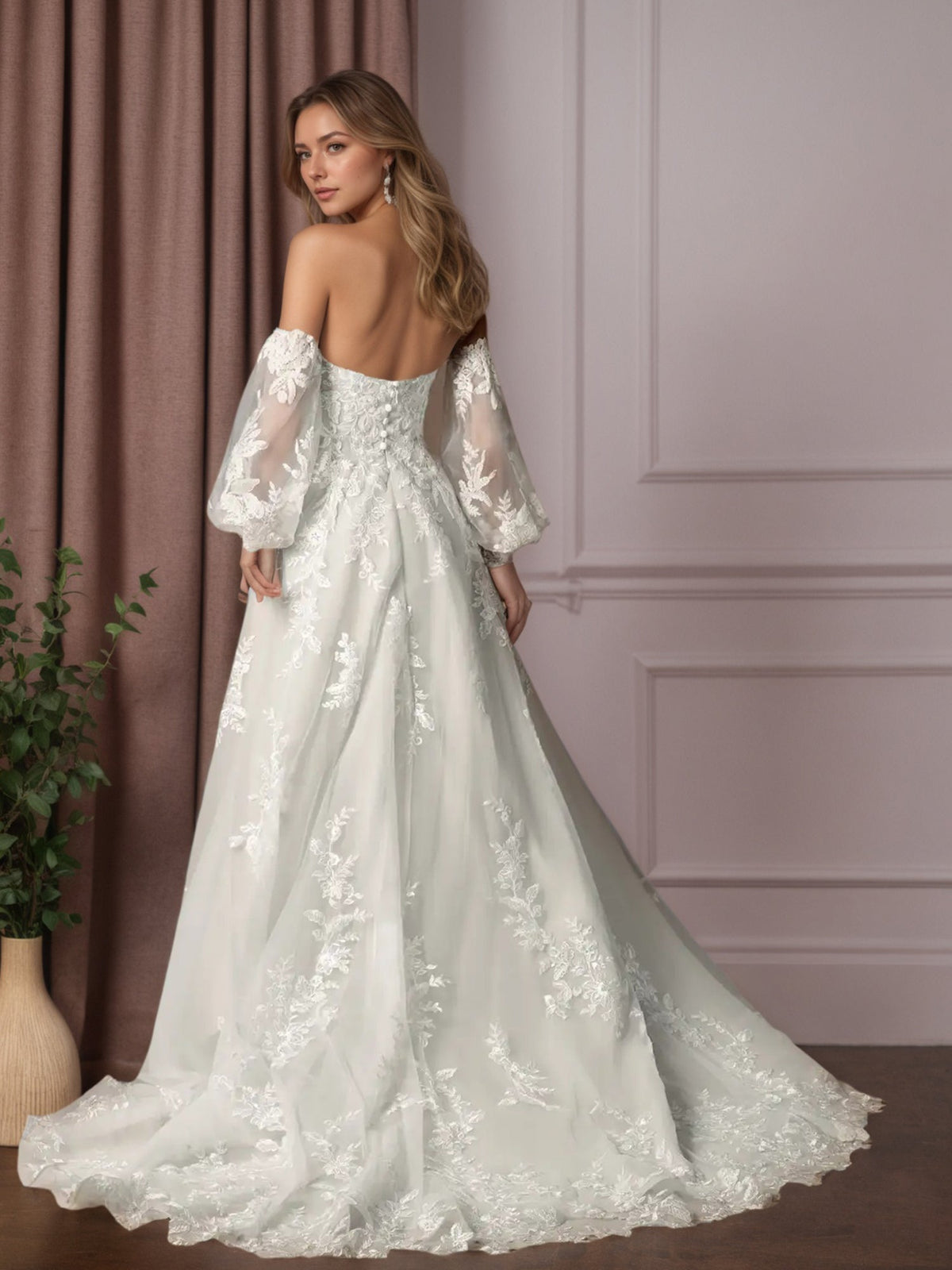 White Ball-Gown Strapless Lace Wedding Dress - View 2 | FashionDia