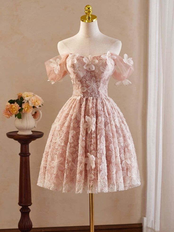 A-Line Off-the-Shoulder Tulle Lace Short Prom Dress, Homecoming Dress - FashionDia