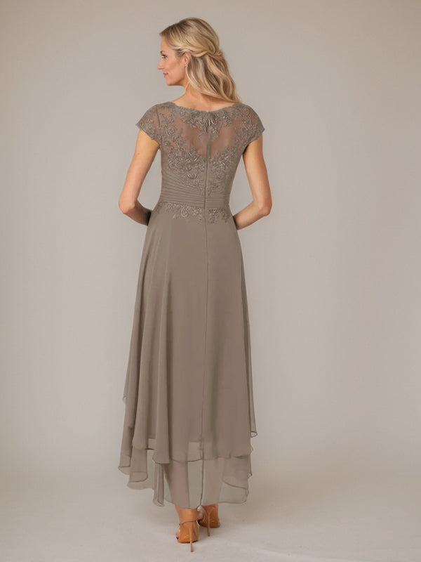 A-line Boat Neck Illusion Asymmetrical Chiffon Lace Mother of the Bride Dress With Applique Pleats - View 2 | FashionDia
