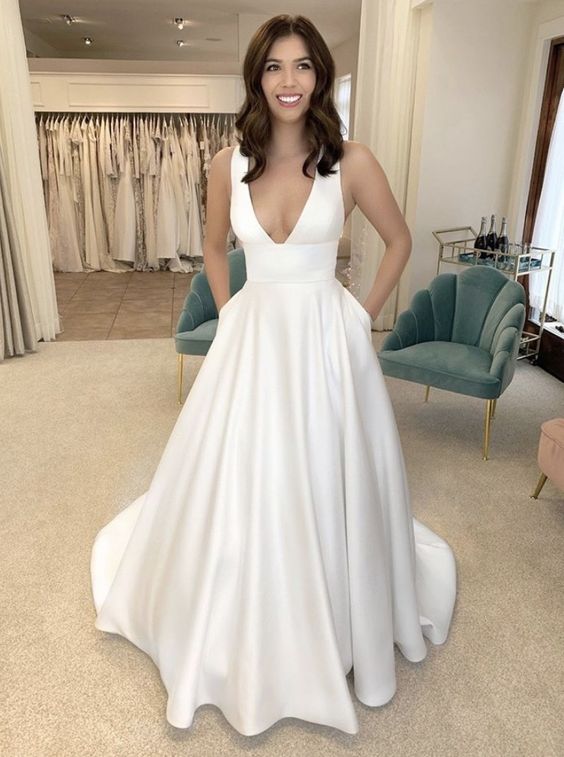 A-Line Simple Satin Vintage Long Wedding Dresses - FashionDia
