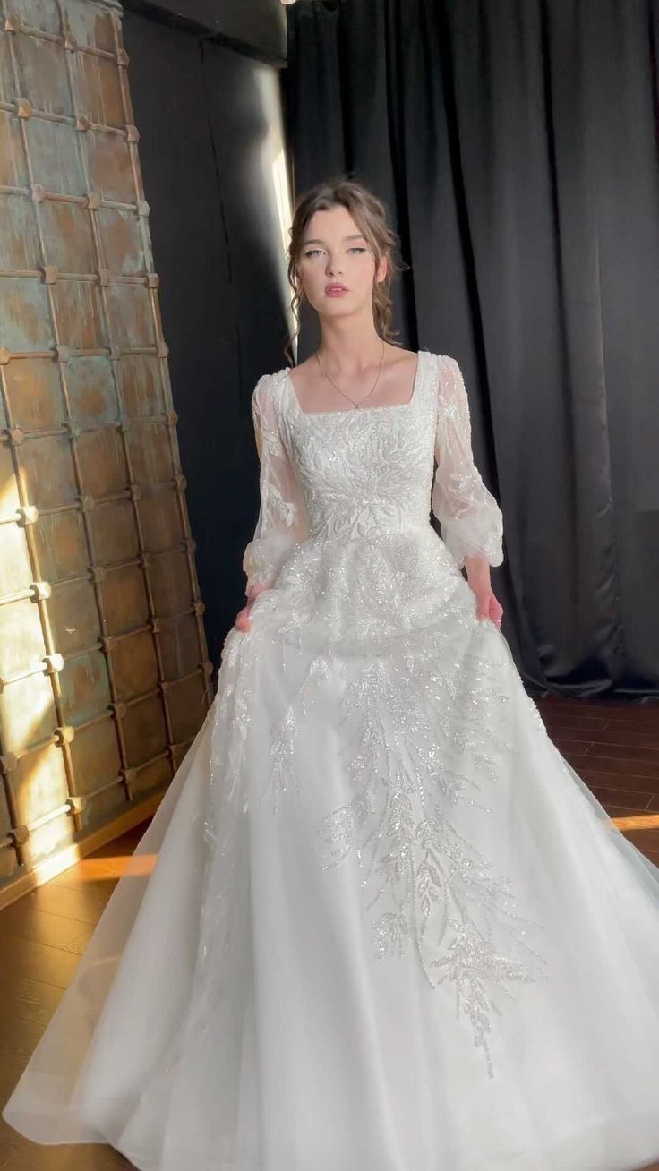 A-Line White Square Neck Long Princess Wedding Dress - View 3 | FashionDia