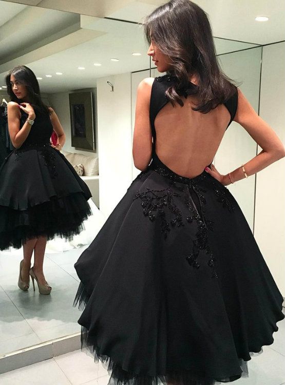 A-Line Black Tulle Backless Knee Length Homecoming Dress - FashionDia