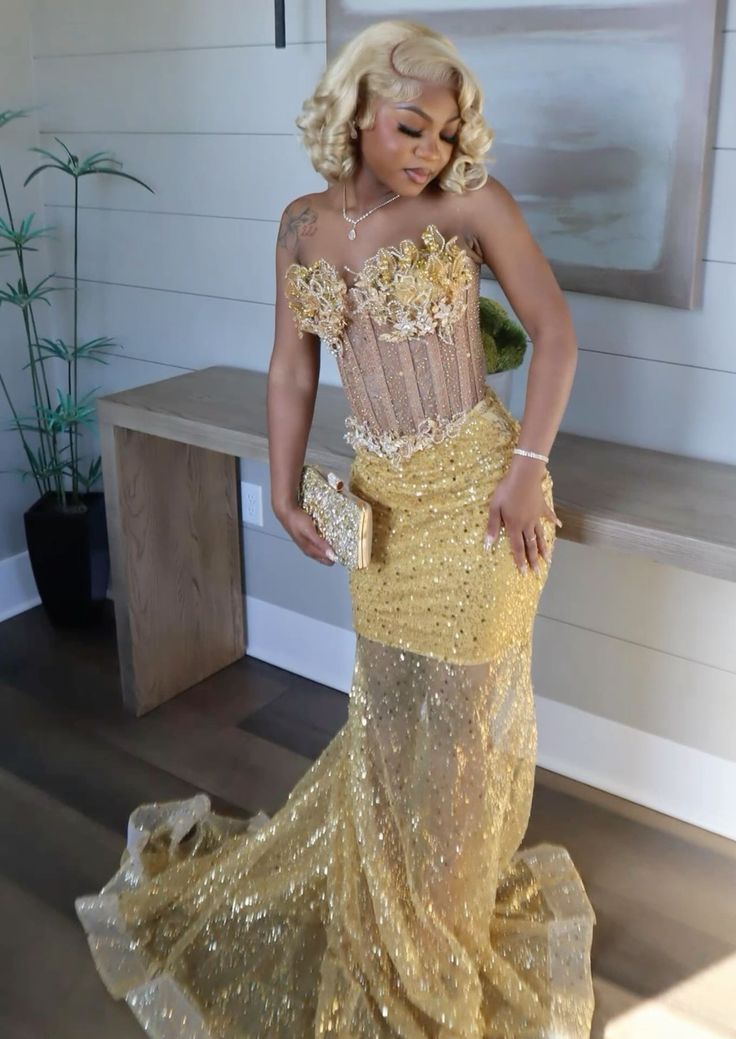 Gold Mermaid Prom Dress Evening Formal Party Birthday Engagement Gowns - View 2 | FashionDia