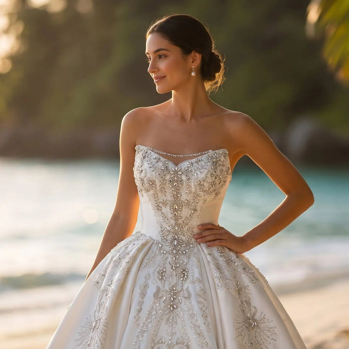 White Satin Strapless Ball Gown Wedding Dress with Luxurious Beaded Lace and Cathedral Train ZP016