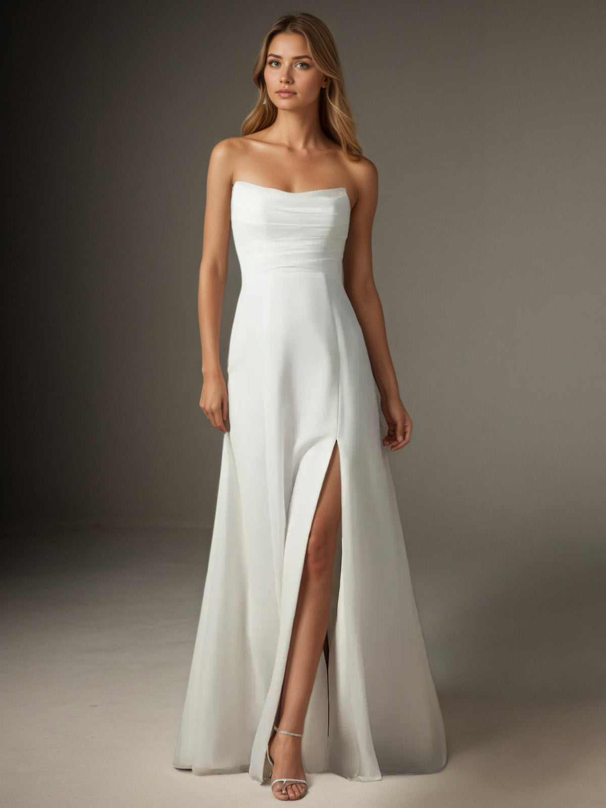 White A-Line Strapless Chiffon Wedding Dress - View 2 | FashionDia