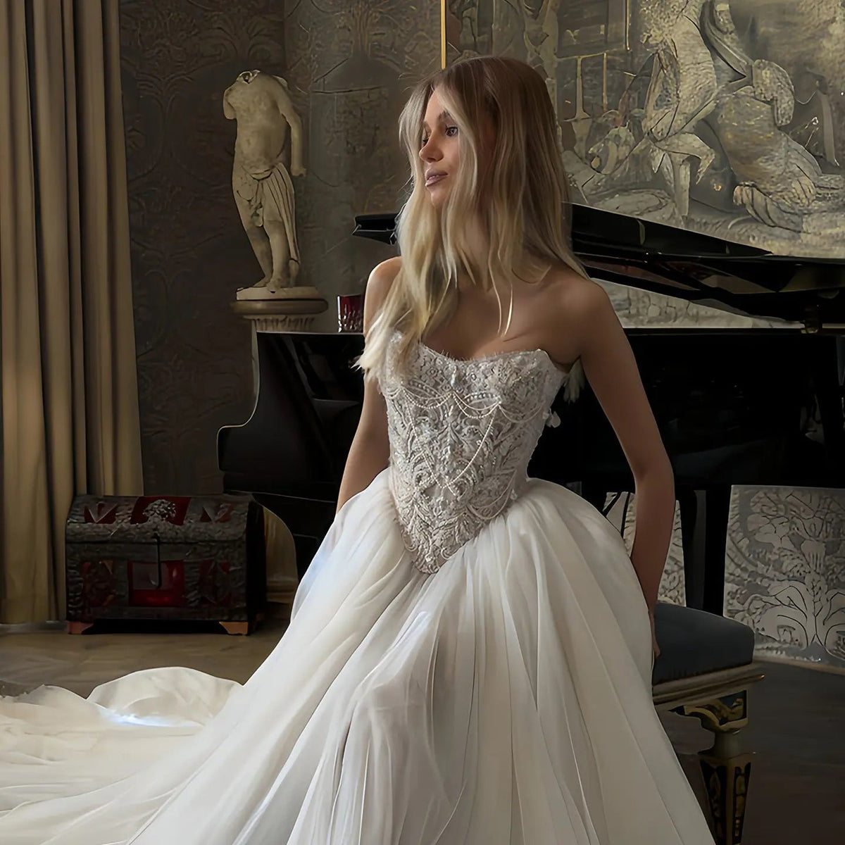 Elegant White Strapless Lace Corset Ball Gown Wedding Dress ZP100