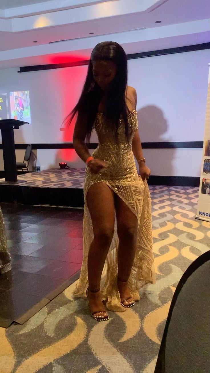 Sexy Gold Long Prom Dress Evening Party Dresses With Slit