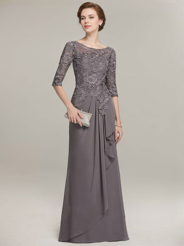 A-line Scoop Illusion Floor-Length Lace Chiffon Mother of the Bride Dress With Cascading Ruffles - View 2 | FashionDia
