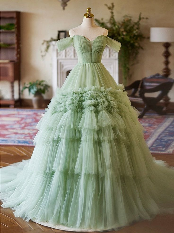 A-Line Off-the-Shoulder Tulle Green Long Prom Dress, Green Sweet 16 Dress - FashionDia
