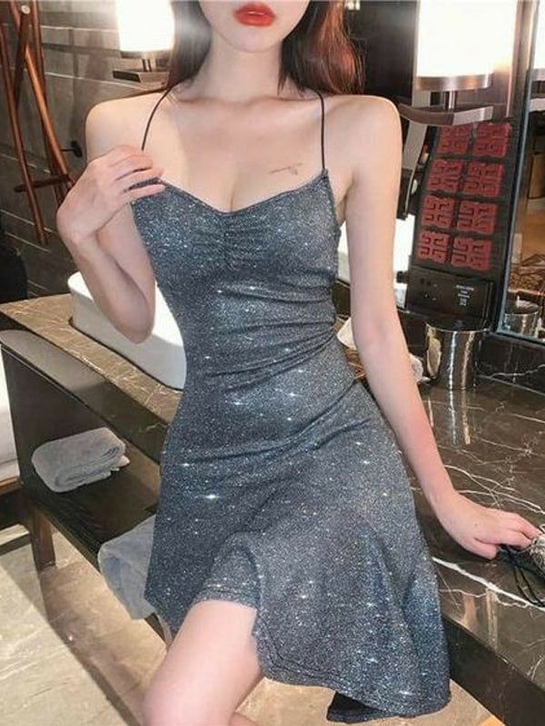 Sparkly Grey Spaghetti Straps Homecoming Dresses, Short Prom Dresses - VelvetHem