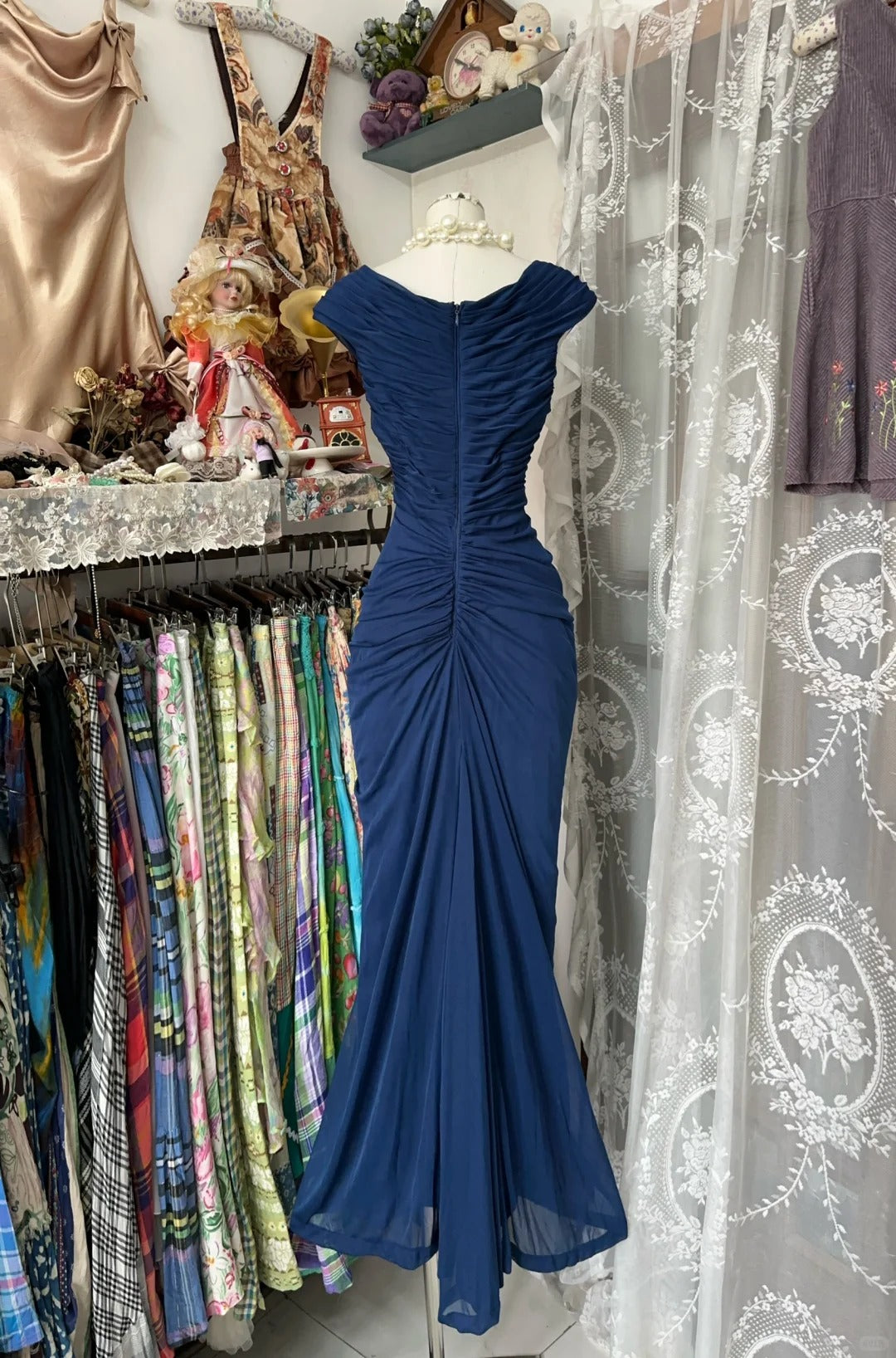 Navy Blue Mermaid Pleats Vintage Prom Dress Long Evening Dress - View 2 | FashionDia
