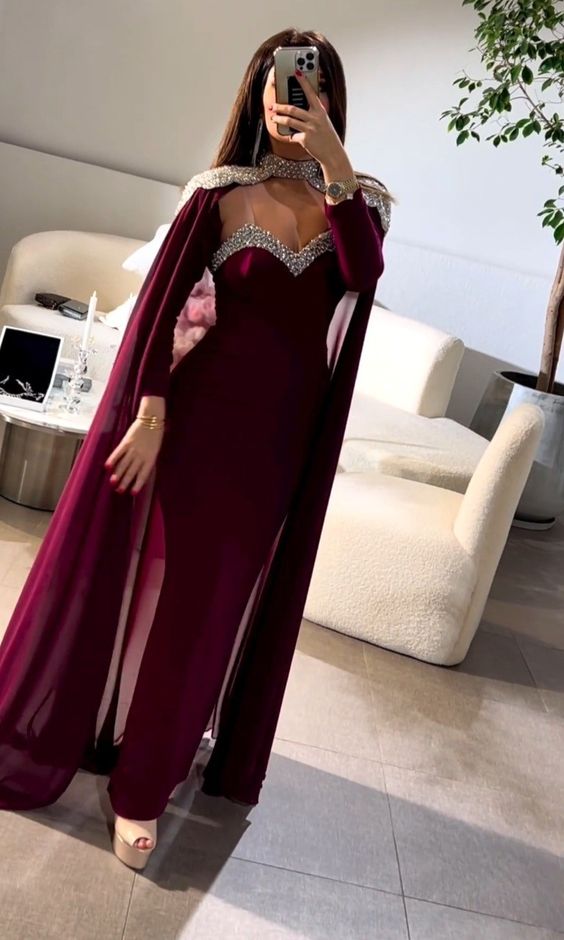 Elegant Middle East Prom Dresses with Chiffon Cape Spaghetti Straps Long Sleeve Evening Gowns Formal Occasion Party Dress - FashionDia