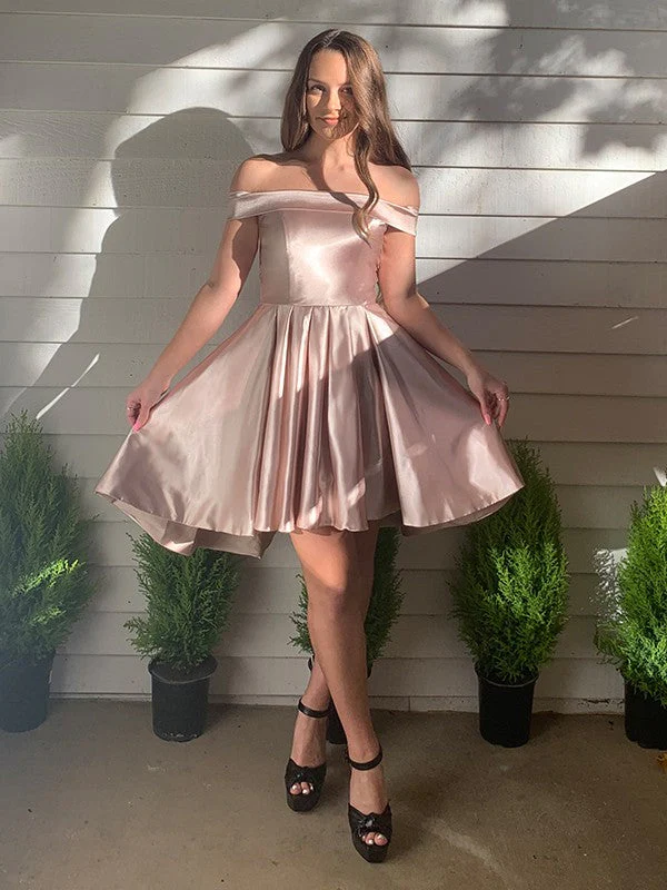A-Line/Princess Off-the-Shoulder Satin Sleeveless Ruffles Short/Mini Homecoming Dresses - FashionDia