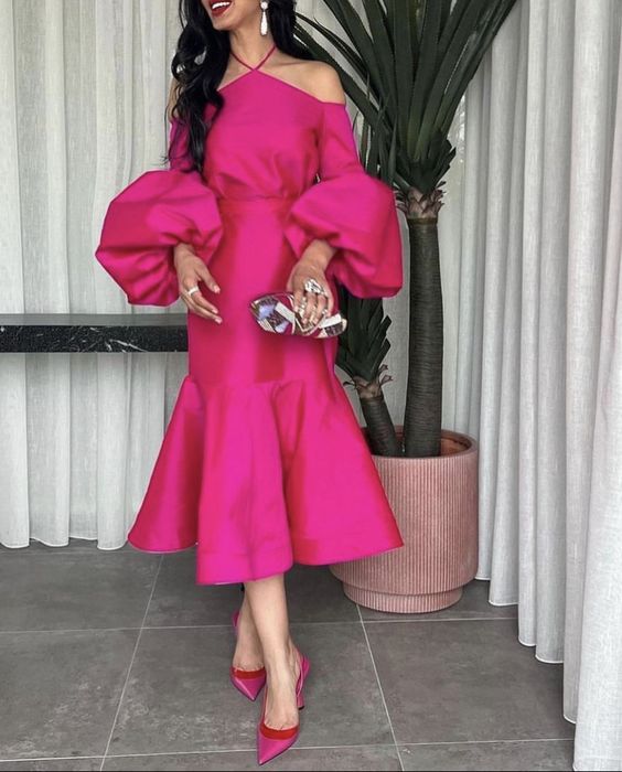 Hot Pink Halter Prom Belt Puff Sleeve Midi Party Dress Elegant Dubai Evening Dresses - View 2 | FashionDia