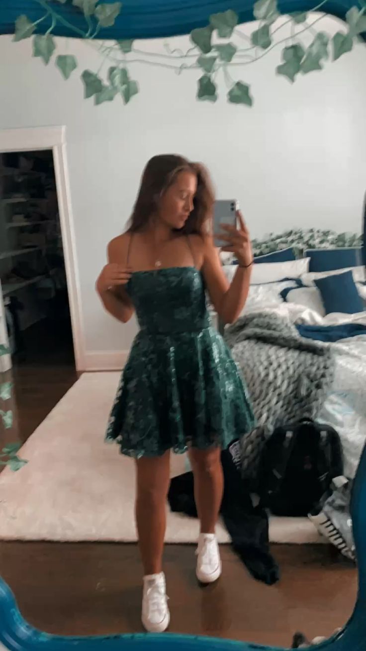 A-line Green Spaghetti Straps Homecoming Dress,Short Party Dress - View 2 | FashionDia