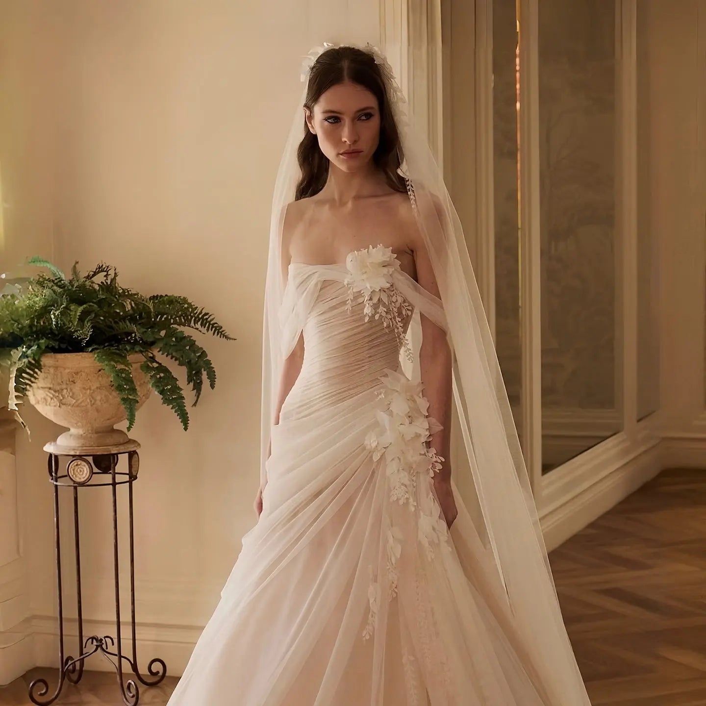 Dreamy Ivory Strapless 3D Floral Draped Wedding Dress with Veil ZP072
