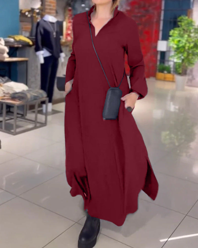 Rebeca Statement Loose Long Dress with Lapels and Side Slit Designer Edit