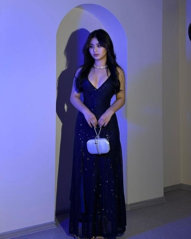 Sparkly Navy Sequin Long Party Dress Prom Dress New Arrive Evening Dress - VelvetHem