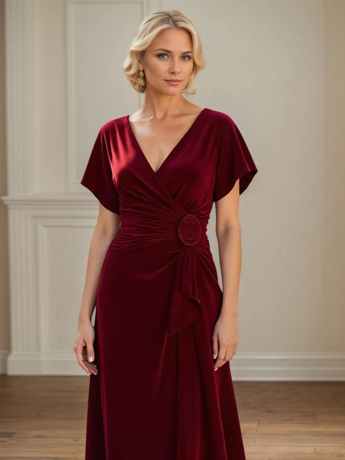 A-Line V-Neck Ruched Floor-Length Mother of the Bride Dress - View 3 | FashionDia