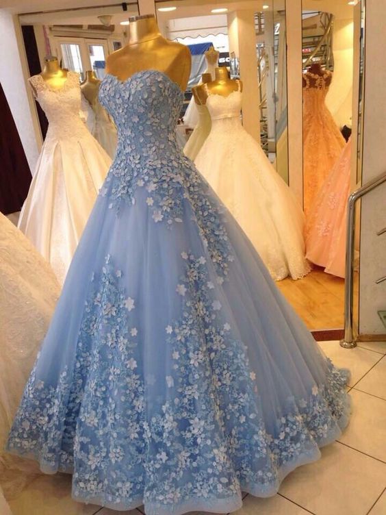 Ball Gown Sweetheart Blue Prom Dresses 3d Flower Dress - FashionDia