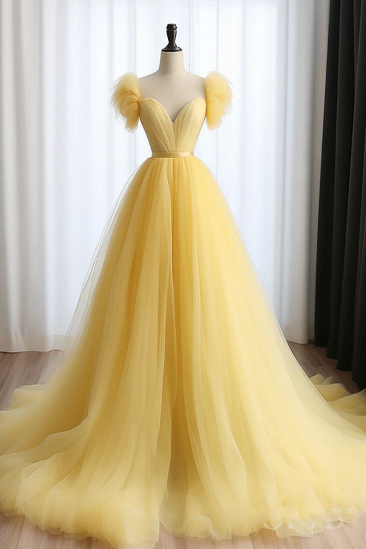 A-Line Sweetheart Neck Tulle Yellow Long Prom Dress, Yellow Long Formal Dress - FashionDia