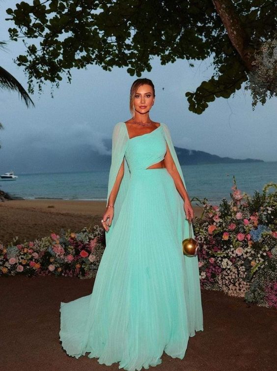 Party Dresses Elegant Mint Green Chiffon Prom Dress A-Line Long Cape Sleeves Floor Length Formal Evening Gowns fg6254