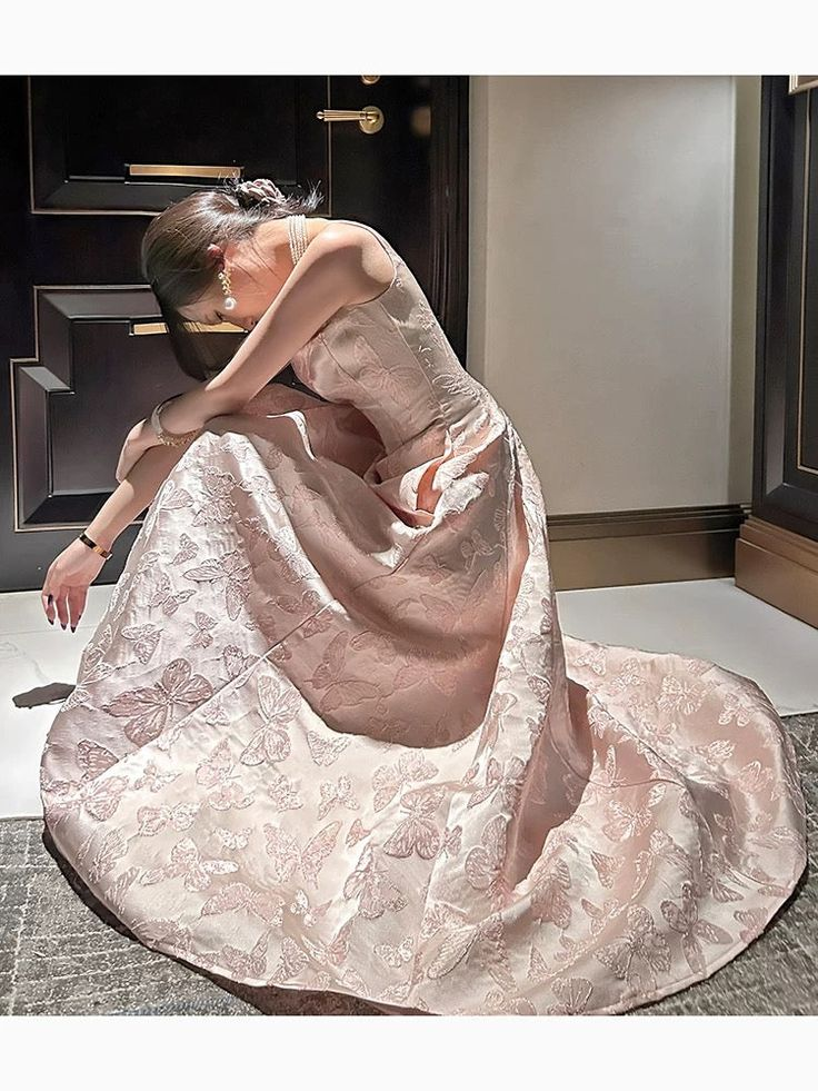 Chic Spaghetti Straps Pink Satin Print Prom Dress Evening Party Dress - View 3 | FashionDia