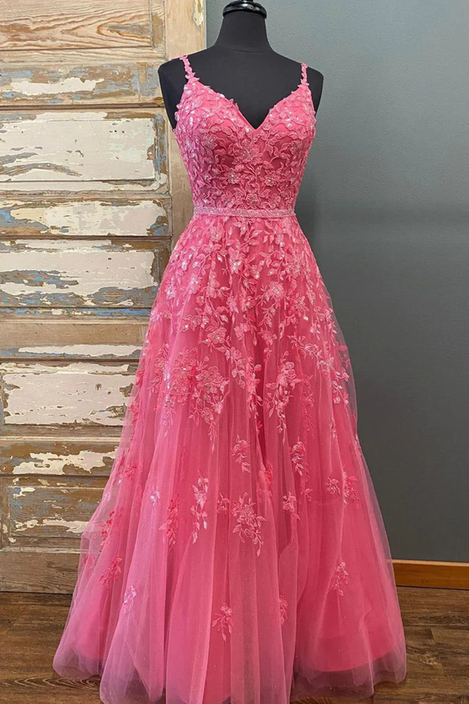 A Line V Neck Beaded Hot Pink Lace Long Prom Dress, Hot Pink Lace Formal Graduation Evening Dress Y216 - VelvetHem