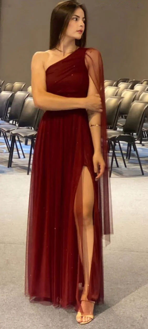 Pretty Burgundy One Shoulder Tulle Sequins Evening Gown Slit Prom Dress Y7826 - View 2 | VelvetHem