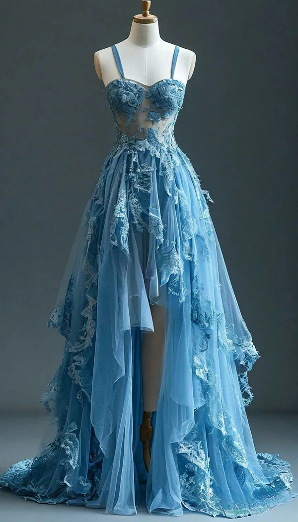 Vintage Blue Tulle Lace Applique Long Prom Dress Spaghetti Strap Party Evening Dress