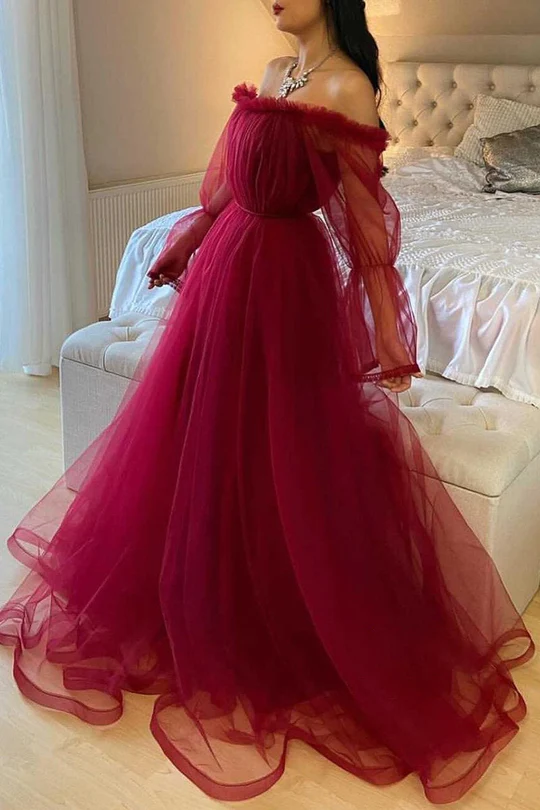 Burgundy Tulle Evening Dress With Long Sleeves Y503 - View 4 | VelvetHem